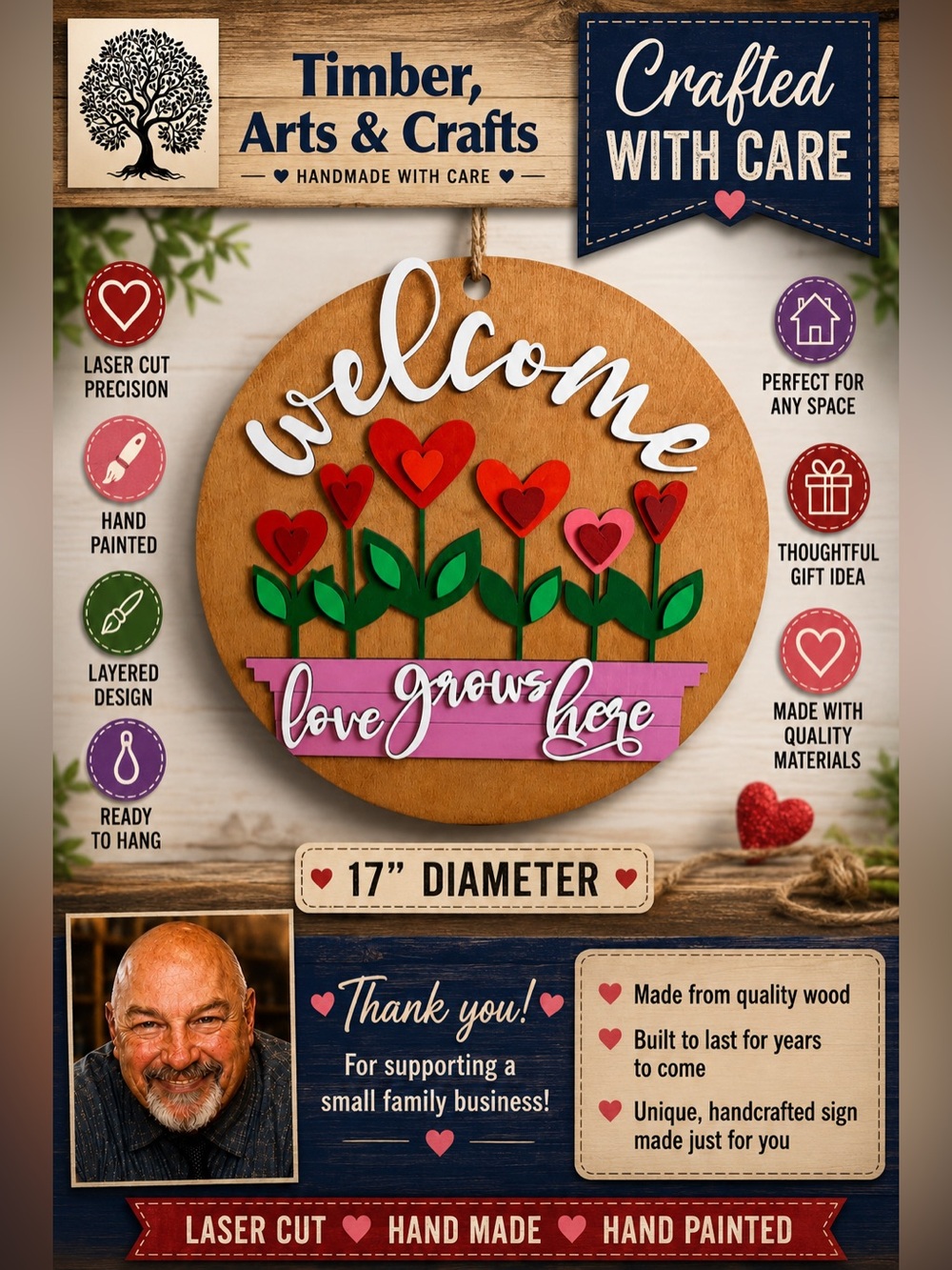 Hand Crafted Wooden Door Hanger Laser Cut
“Welcome Love Grows Here”